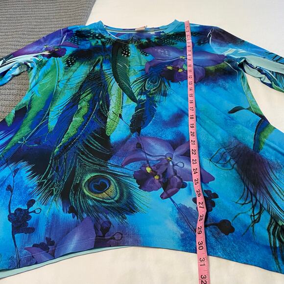 Jess And Jane Blue Floral Peacock Asymmetrical Top Women’s Plus Size 1X - Picture 7 of 9